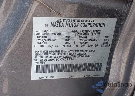 2002 Mazda Tribute Es V6/Lx V6 из США, поврежденный, VIN 4F2YU09192KM09334